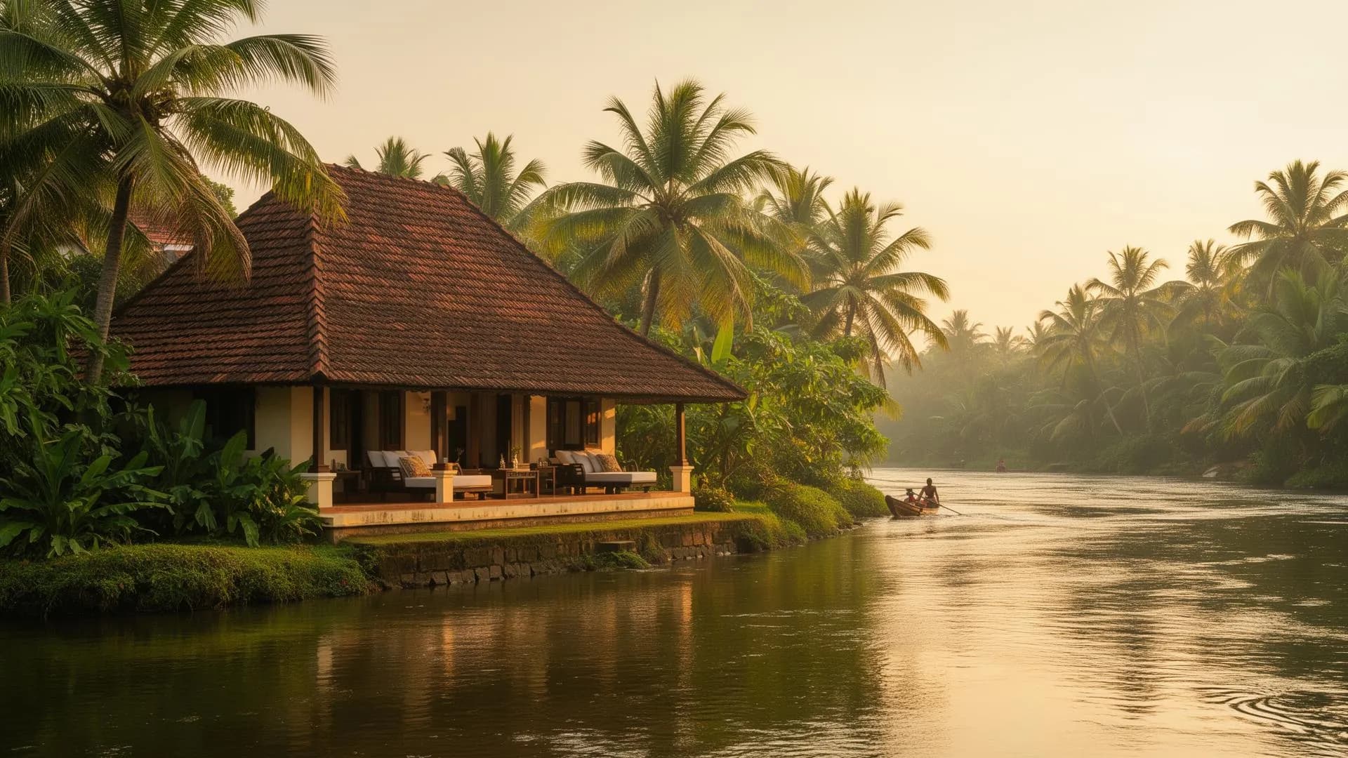 Koodathai  Homestay nestled by a calm Kerala river at golden hour